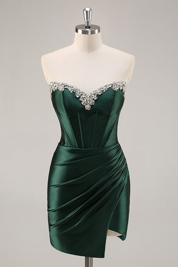 Strapless Beaded Corset Dark Green Homecoming Dress